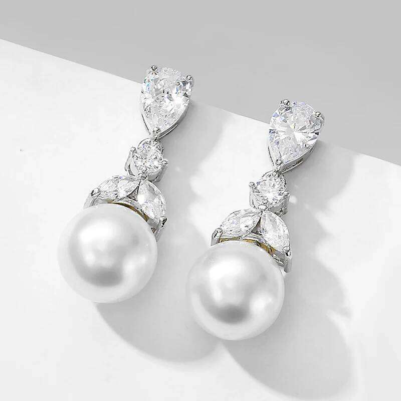 ZAKOL Elegant Imitation Pearl Water Drop Zirconia Earrings for Women Luxury Sliver Color Bridal Wedding Jewelry