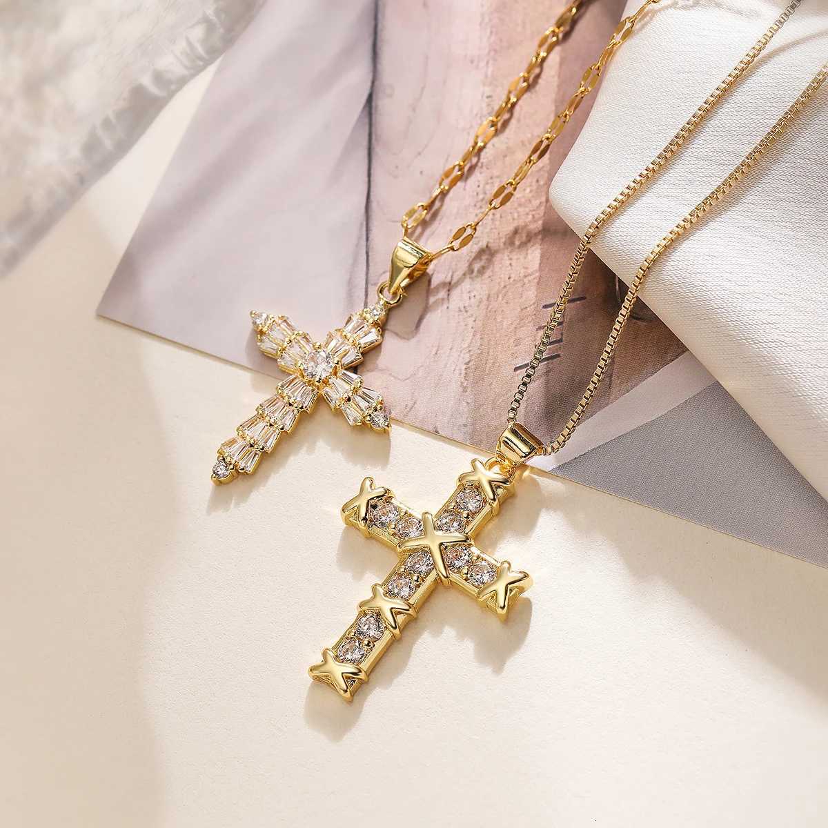 NEWBUY Fashion Gold Color AAA CZ Zircon Cross Pendant Stainless Steel Chain Necklaces For Women Men Wholesale Y251227