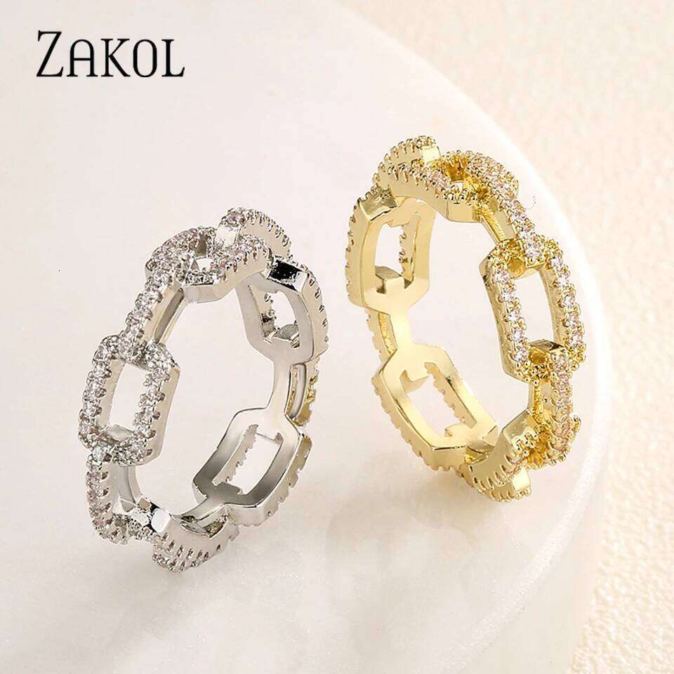ZAKOL Fashion Cuban Link Chain Rings for Women Buling Micro Pave Zirconia Finger Ring Engagement Jewelry