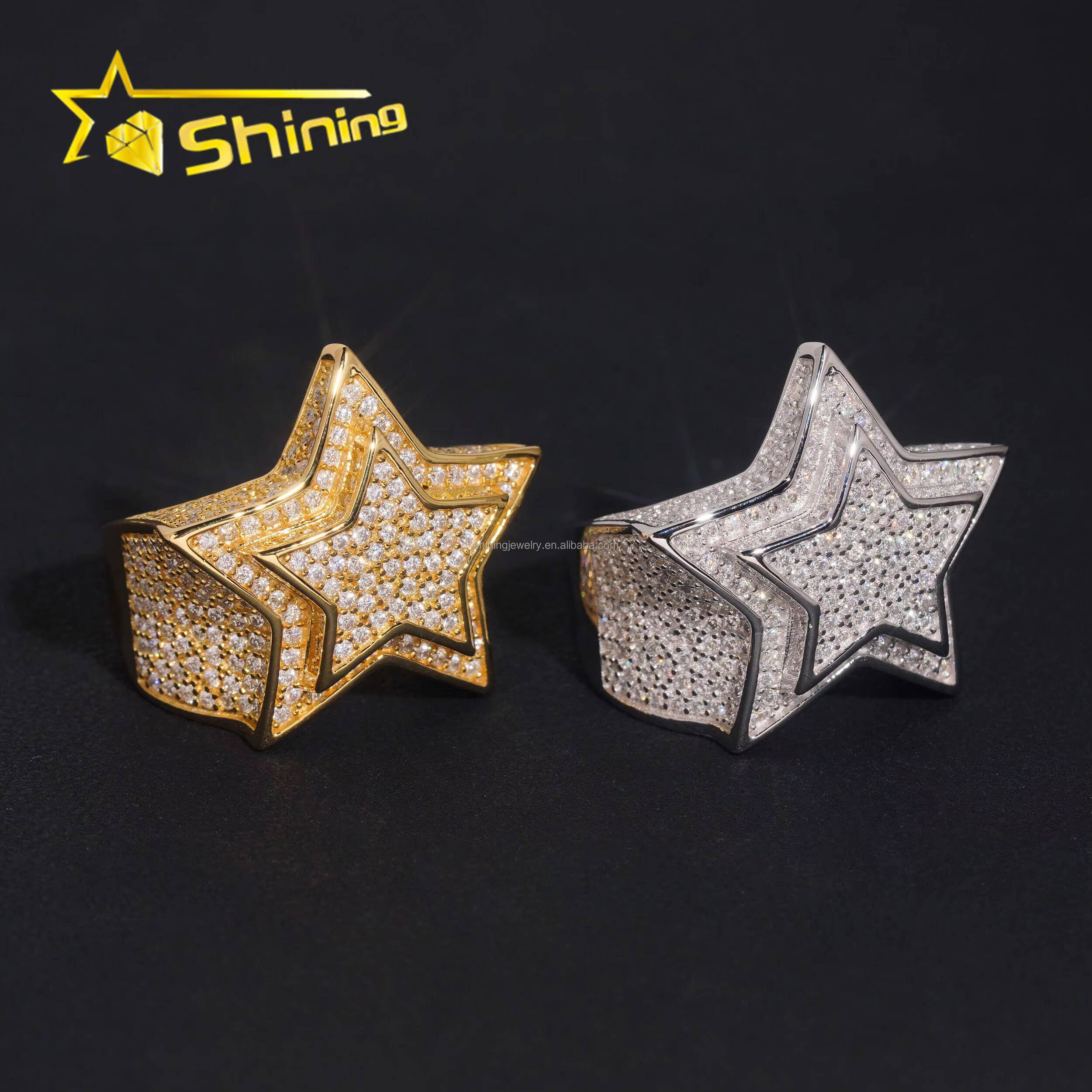 High Quality Bulk Stock Iced Out Hip Hop GRA Certificate VVS Moissanite Diamond Man Gift Iced Out S925 Silver Star Shape Ring