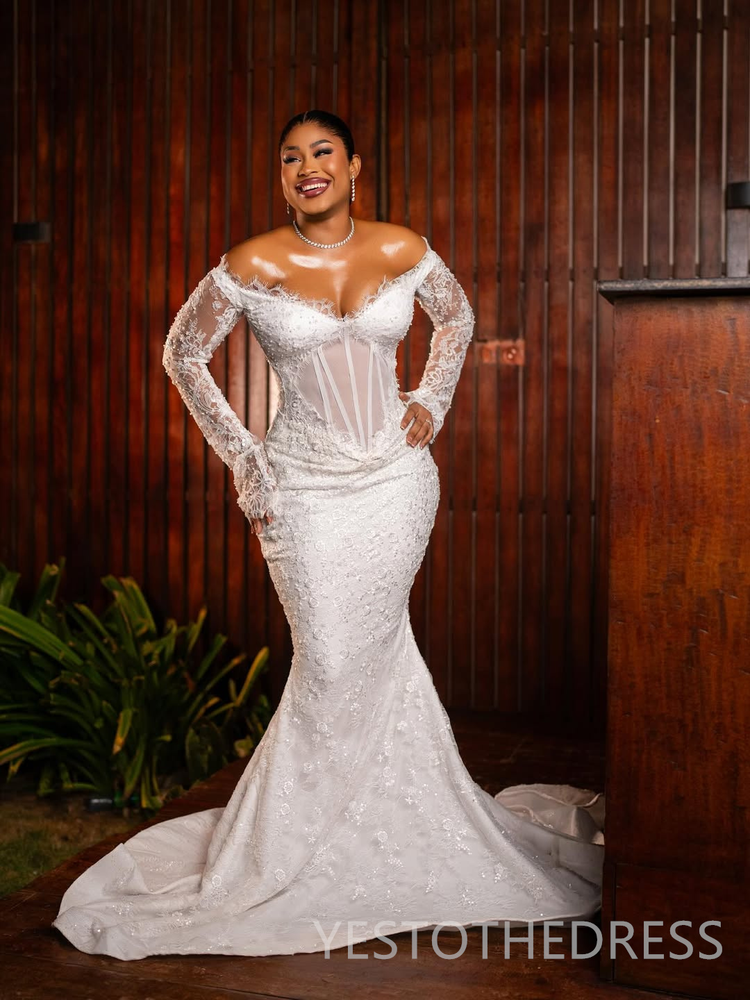 2026 Aso Ebi Arabic Mermaid Wedding Dress For Bride Bridal Gowns Illusion Off Shoulder Long Sleeves Beaded Lace Wedding Gowns for Black Women D734