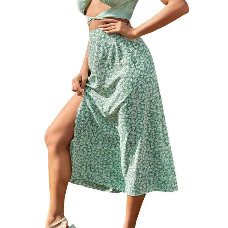 Women's New Floral Print Half A-Line Bodycon Long Skirt Summer Green Blue elegant chiffon maxi skirt for party