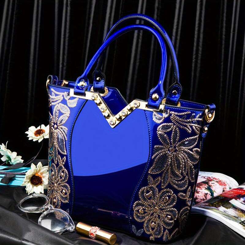 JINXIANGGUO Designer Floral Embroidery Patent Leather Handbag For Women Large Capacity Shoulder Tote With Zipper Closure Polyester Lined Paint Detail 