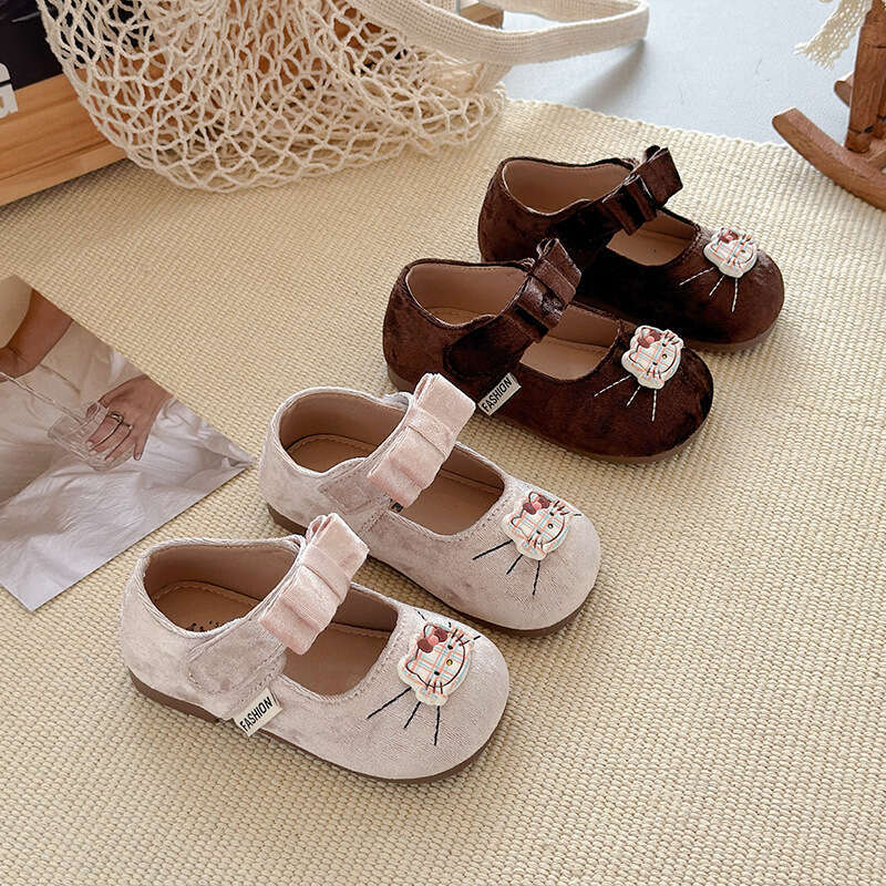 INS French Velvet Small Leather 2025 Spring and Autumn New Korean Style Girls' Soft Sole Cartoon Bow Princess Shoes