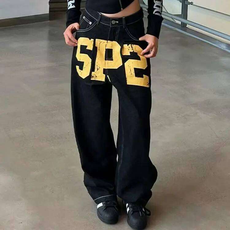 American Vintage Letter Print Jeans Women's Black Gothic Y2k Loose Denim Pants Fashion Hip Hop Wide Leg Casual Streetwear