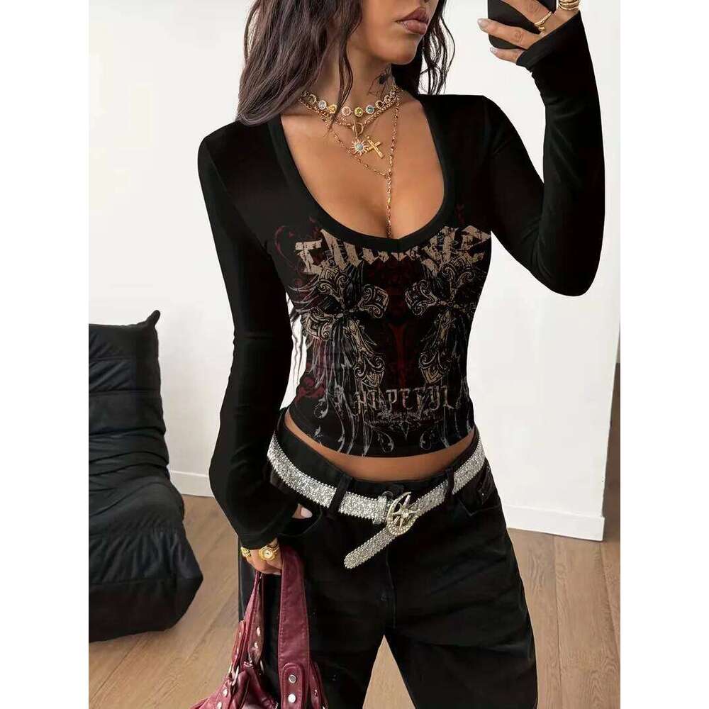 Ladies' Spring/Summer Retro Style Music Road Printed Long Sleeve T-Shirt ZHE HAN