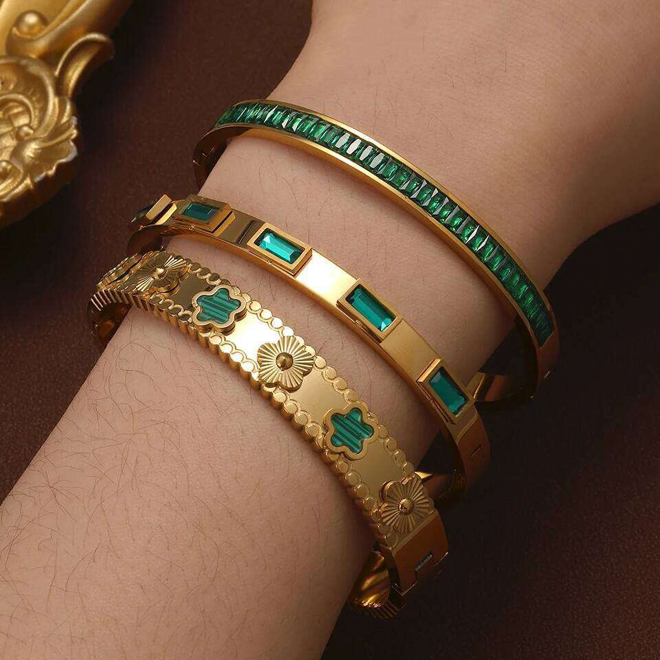 ZAKOL New Summer Fashion Green CZ Stainless Steel Stacked Bracelet Bangles for Women Female Aesthetic Party Jewelry