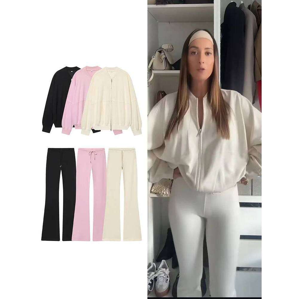 New Women's Zip Up Bomber Jacket And Drawstring Flared Pants Suit Fashion Casual Cozy Daily Sporty Simple Style Sets Autumn
