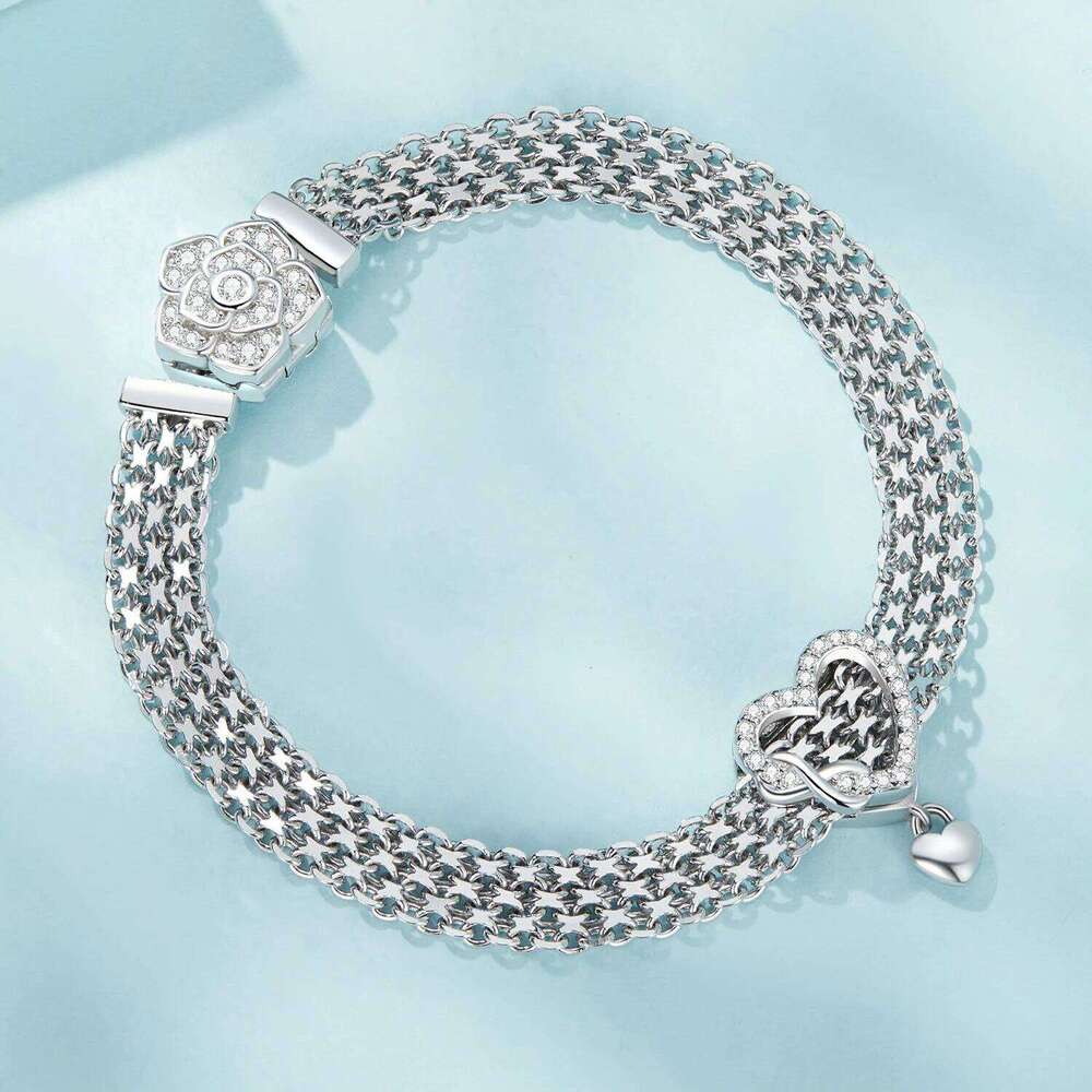 WOSTU 925 Sterling Silver Rose Flower Basic Flat wide chain Bracelet Fit Charms Beads DIY Jewelry Party Birthday Gift 25H1229
