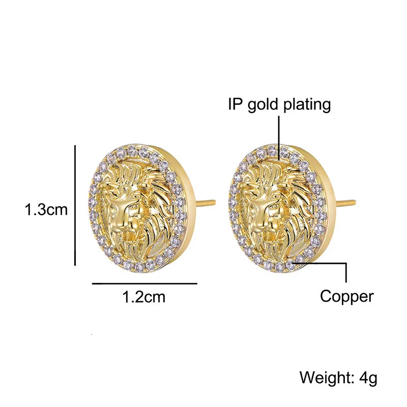 Classics Lion Stud Earrings Gold Color Filled Zircon Rhinestone Earrings for Men Women Hip Hop Jewelry Accessories Gifts 251224