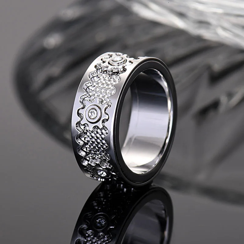 Zircon Inlaid Stainless Steel Gear Ring Creative Double Layer Rotatable Men and Women Party Decor Fashion Jewelry Finger Rings 251224