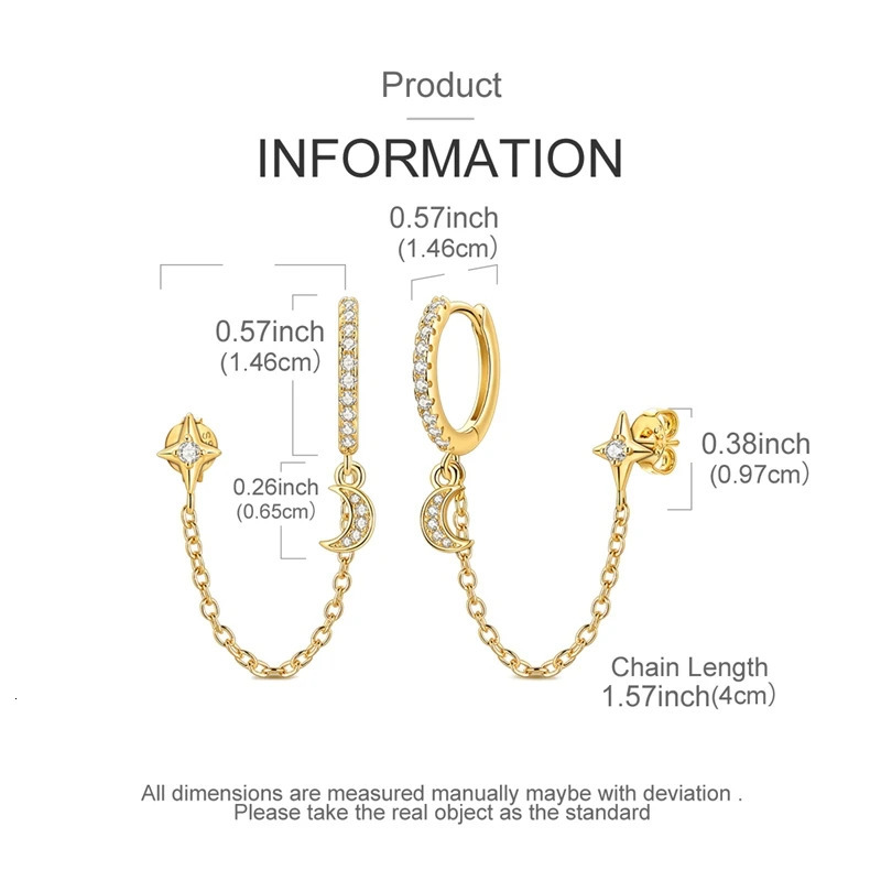 925 Sterling Silver Gold Color Star Moon Chain Stud Earrings for Women Girl Ear Studs Fine Jewelry Fashion Anniversary 251224