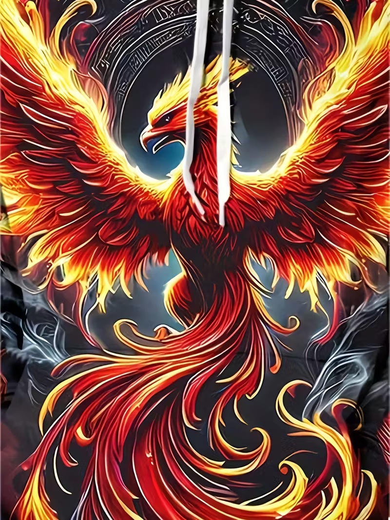 National Trend Men's Hoodie Fiery Phoenix 3D Print Red-to-Black Gradient Relaxed Fit Casual Streetwear Pullover Hoodie