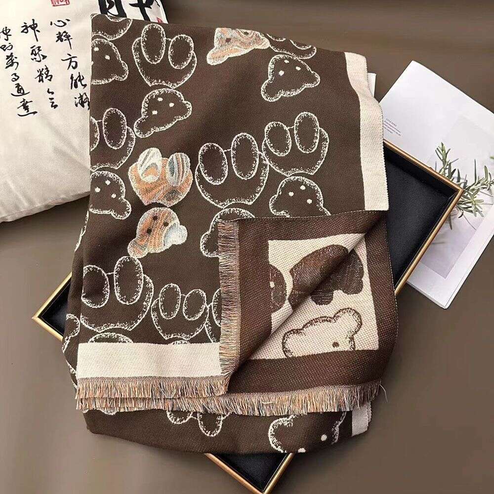 New Autumn Winter Colorful Bear Pattern Imitation Cashmere For Women Travel Air Conditioning Warm Neck Scarf Dual-Use Shawl