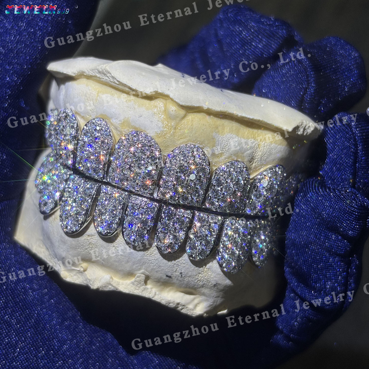 Custom Top Bottom 6 8 10 S925 Silver Honeycomb Setting Moissanite Lab Diamond Perm Cut Straight Line Solid Gold Teeth Grillz