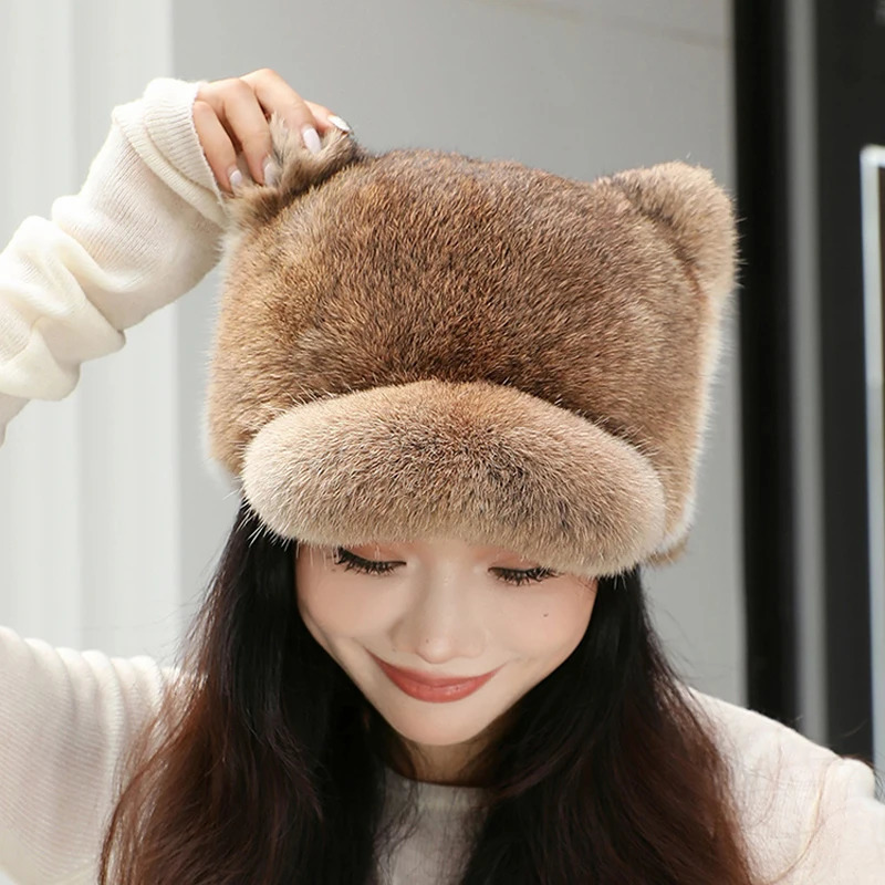 Style Women Rabbit Fur Cap Brim Cute Ears Hat Girls Winter Warm Real Natural Rabbit Fur Thick Warm Hats 251225