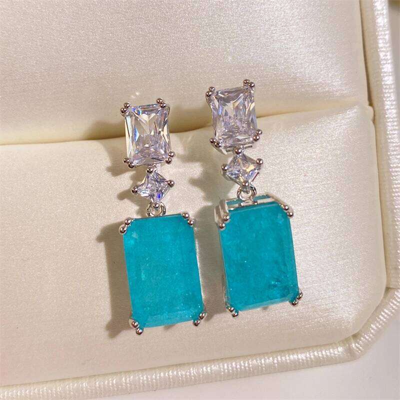 ZAKOL Elegant Blue Stone Dangle Earrings for Women Geometric Rectangle Zircon Wedding Party Ear Accessories