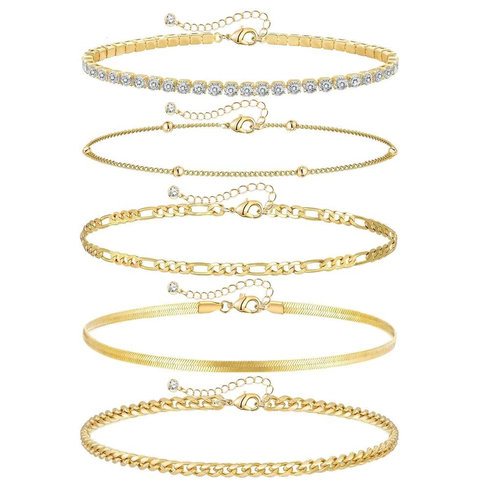 Cross-Border New Waterproof Cuban Tennis Herringbone Beaded Chain Anklet Set Multi-Layer Stacking Package for Women