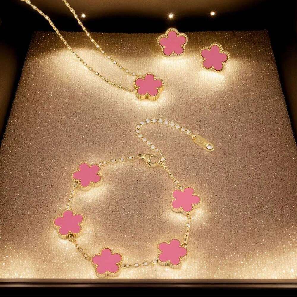 18k Plated Gold Stainless Steel Five Point Star Bracelet Necklace Earrings Double Sided Plum Blossom Chain Party Jewelry Clover 25H1229