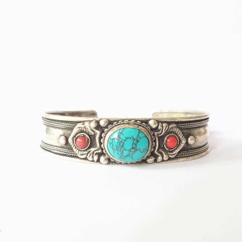 BB-456 Tibetan Bangles White Metal Copper Inlaid Simulated Turquoise Open Cuff Bangle Nepal vintage Jewelry 251219