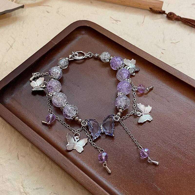 New Niche Design Purple Crystal Butterfly Pendant Beaded for Women Sweet Charm Bracelet Jewelry Accessories Party Gift 25H1229