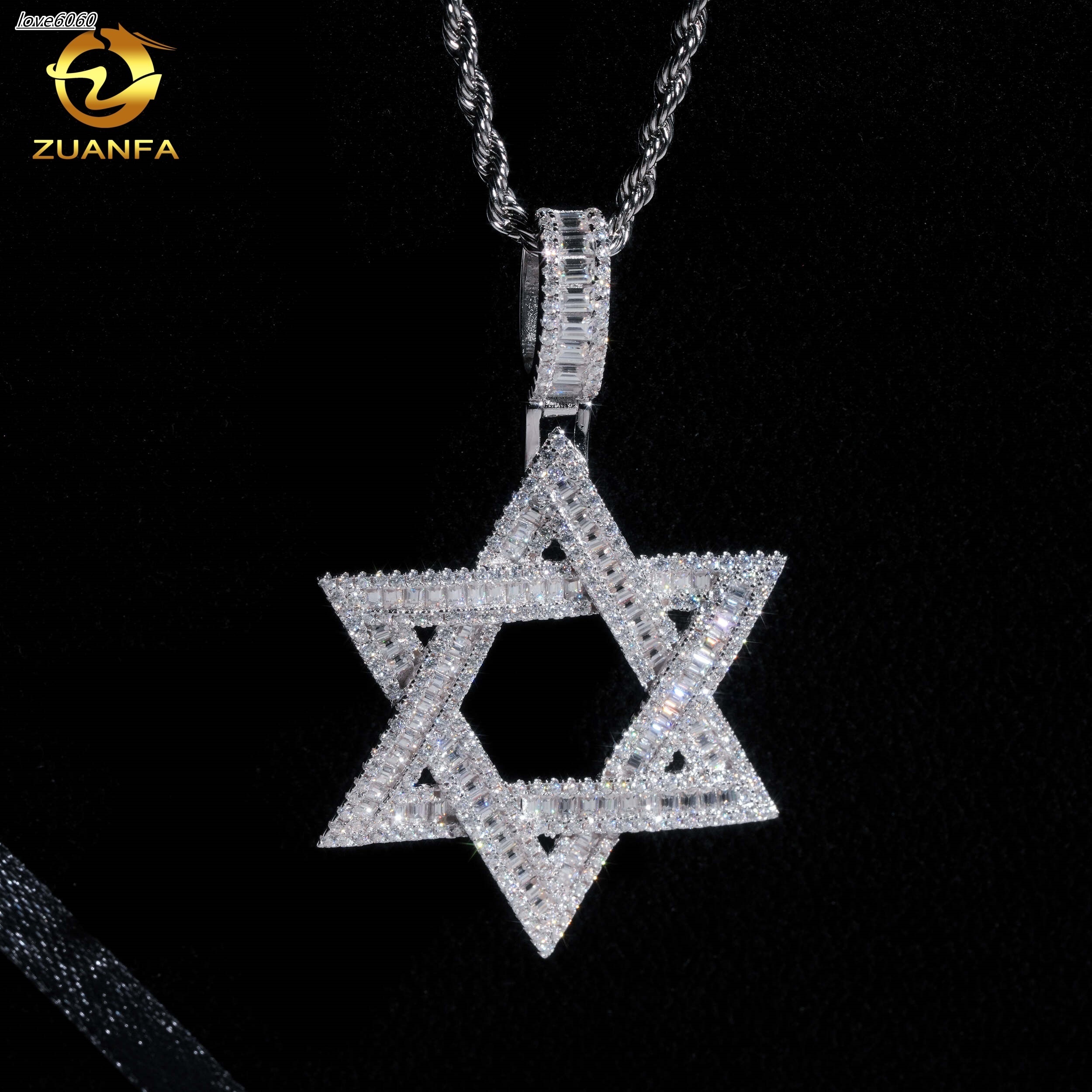 Hip Hop Moissanite Jewelry David of Iced Out Baguette Star Shape Pendant 925 Silver VVS D Moissanite Diamond Fine Charm Pendant