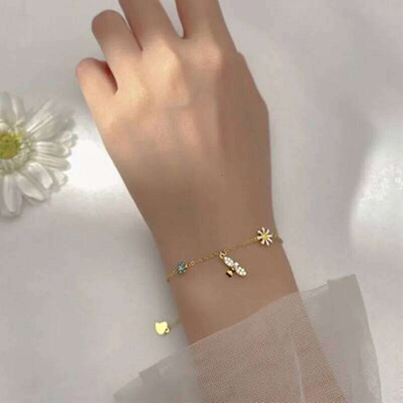925 Sterling Silver Tassel Zircon Daisy Bee Charm Bracelet Bangle For Women Girls Party Wedding Trendy Jewelry Accessories 25H1229