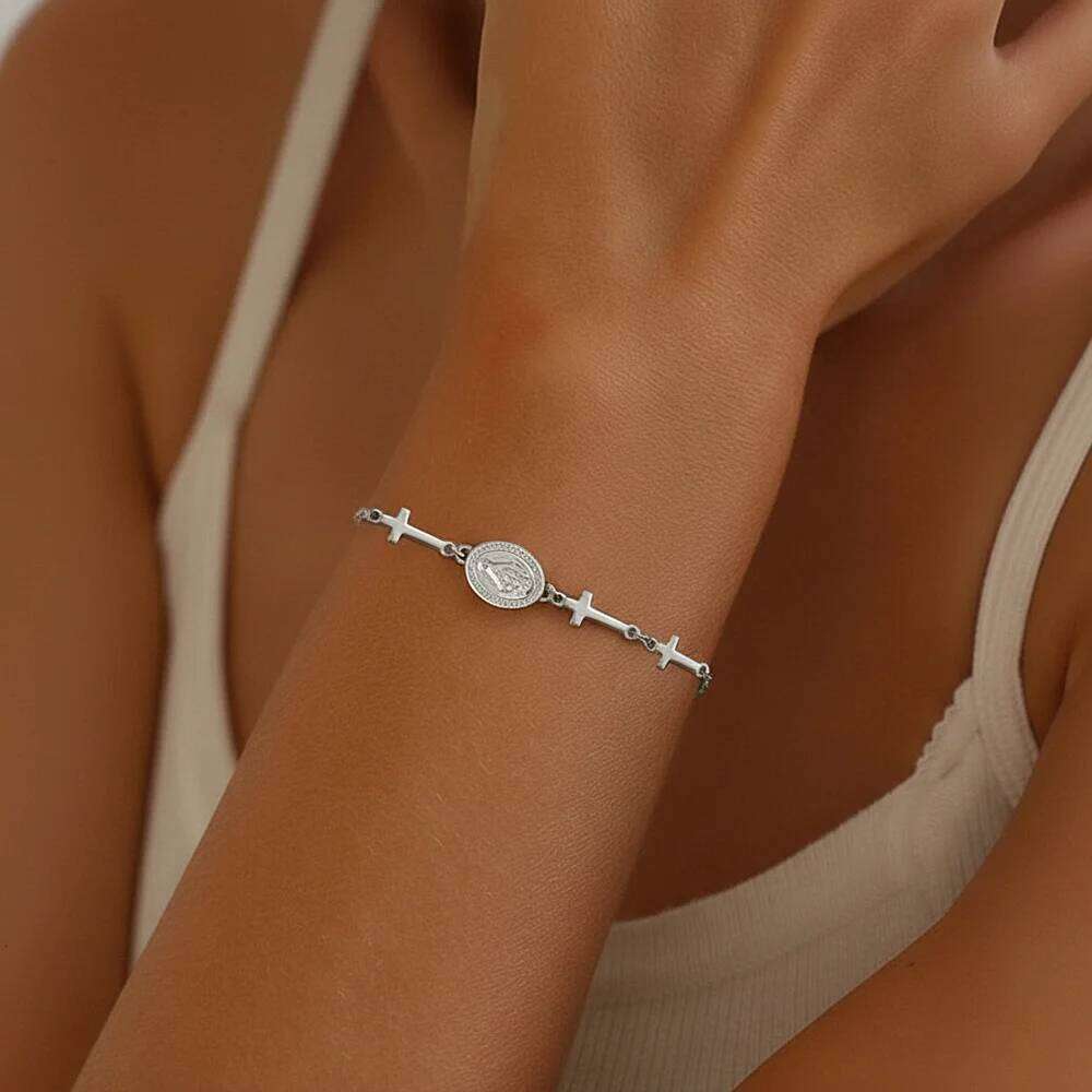 Stainless Steel Religious Totem Pendant Cross Bracelet Women Fashionable Luxury Wrist Jewellery Suitable for Everyday Wear 25H1229