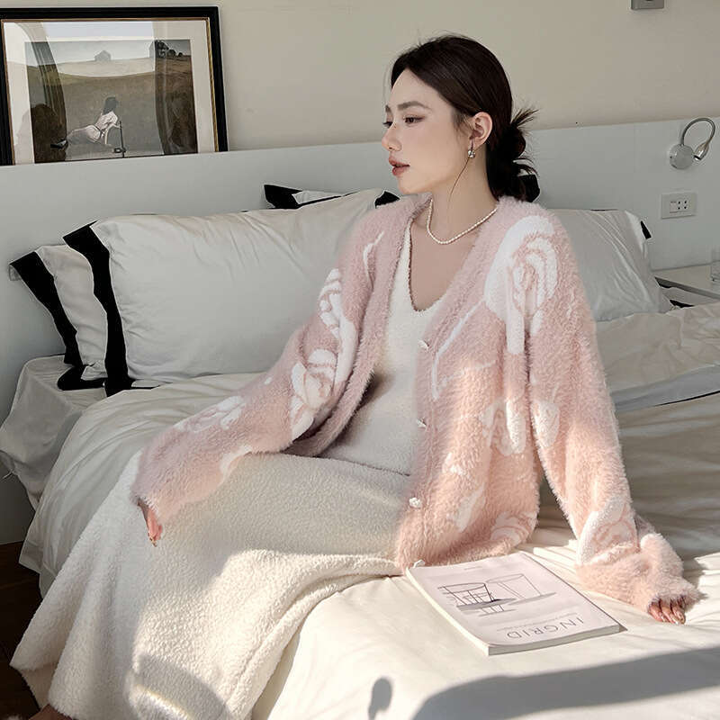 Elegant Rose Imitation Mink Velvet Socialite Lady Camisole Nightdress Robe Soft Sleepwear Women Autumn Winter Two-Piece Set