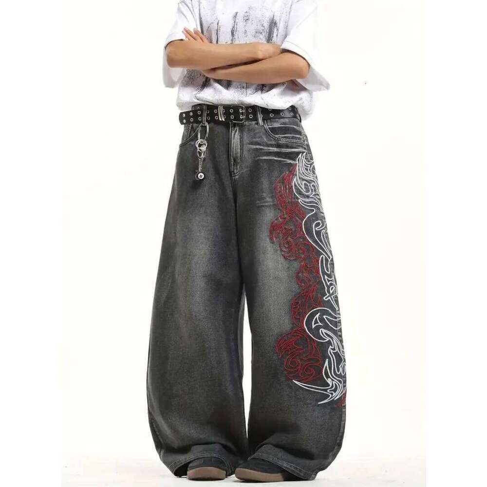Y2K American New Pattern Embroidery Baggy Jeans Men High Streetwear Vintage Hip Hop Fashion Casual Joker Couple Wide-leg Pants