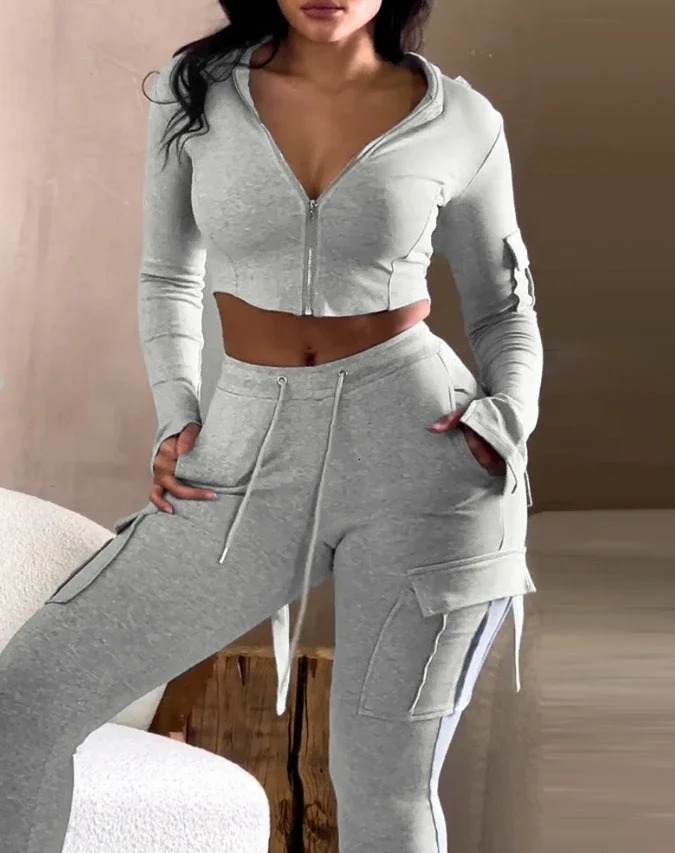 Zipper with Exposed Navel Hooded Sweatshirt and Drawstring V-Shaped Waistline Work Pants Sports Pants Long Pants Set 251224