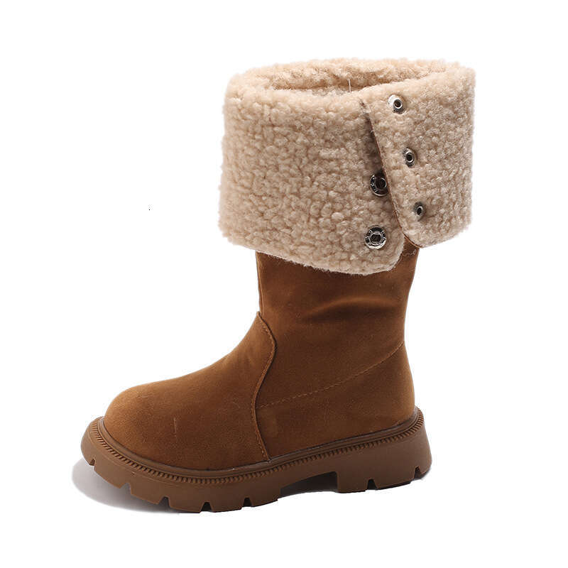 INS Fleece-Lined Long 2025 Autumn Winter New Korean Style Girls' Melad Cuffed High Warm Cotton Boots