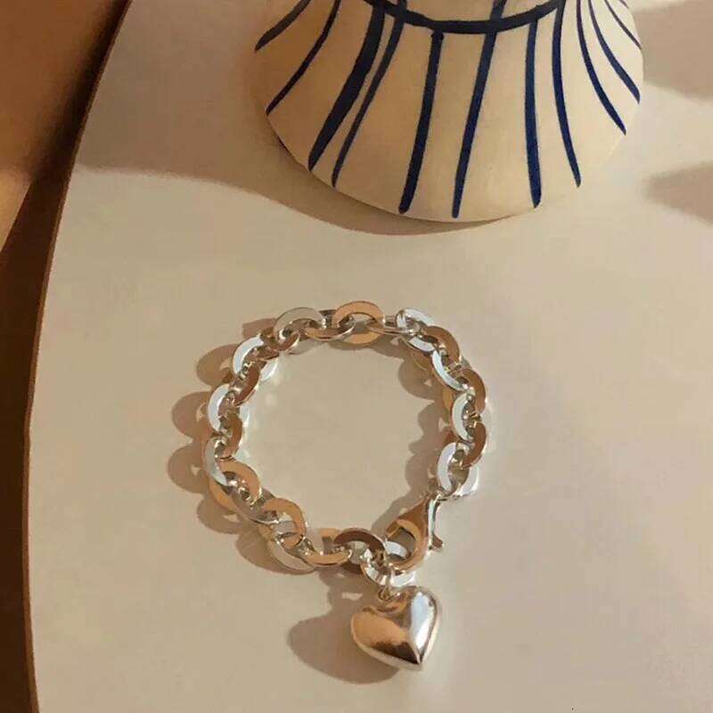 925 Sterling Silver Bracelet Bangle Heart Pendent Geometric Chain Punk For Woman Girl Fashion Jewelry Gift Dropship 25H1229