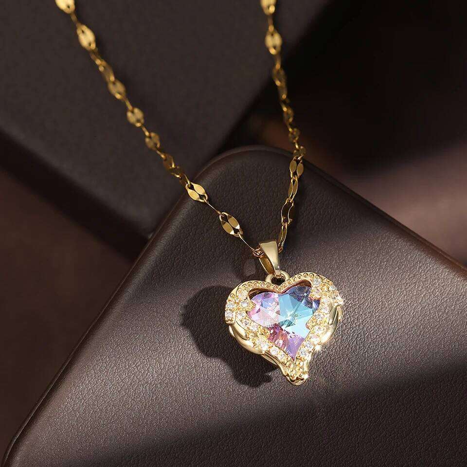 ZAKOL Gorgeous Colorful Zircon Love Heart Pendant Necklace For Women Fashion Stainless Steel Neck Chain Jewelry Gift