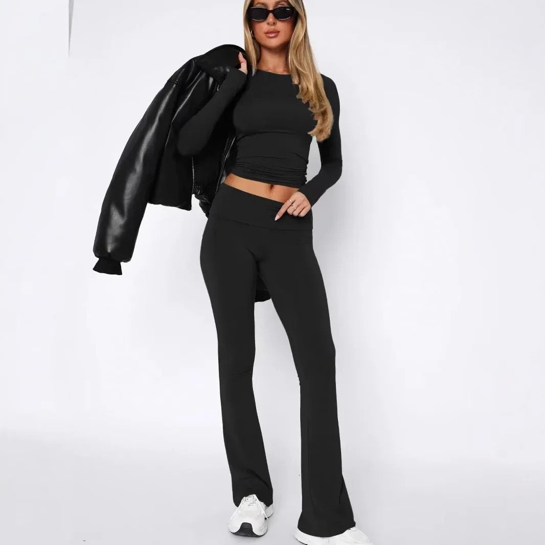 High-End Womens Long Sleeve Top And Flared Pants Set Fashionable And Stylish Polyester Fiber from Mainland China 251224