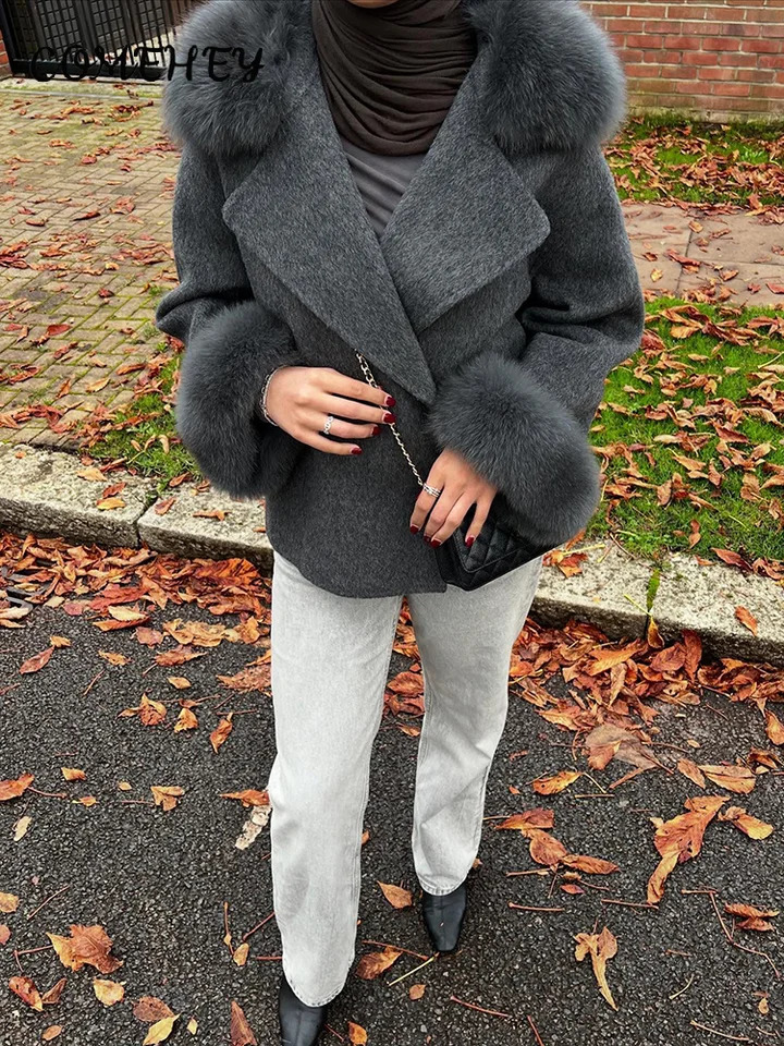 Winter Warm Fur Spliced Woolen Coat Women Loose Lapel Long Sleeve Solid Female Jacket 2025 Autumn Lady Elegant Outwear 251216