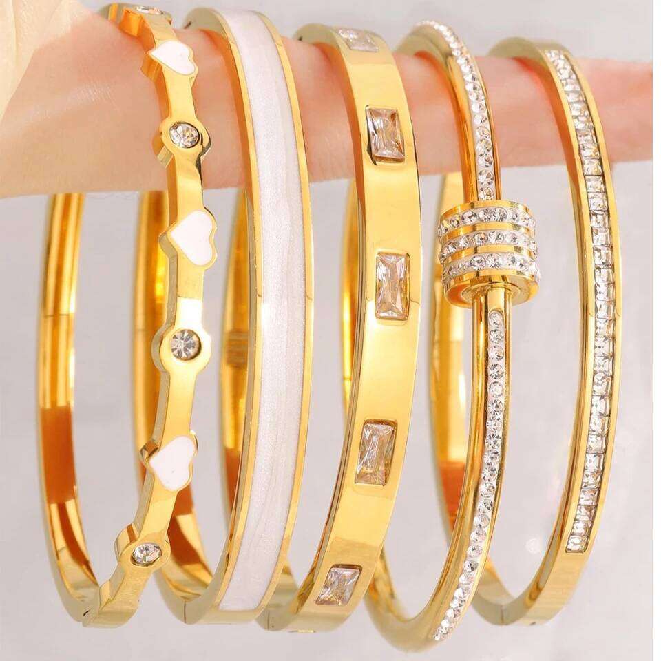 ZAKOL 5pcs/1pcs White Geometric Crystal Zircon Stainless Steel Stacked Bracelets For Women Christmas Birthday Jewelry Gifts