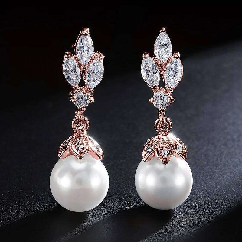 ZAKOL Fashion Sliver Color AAA CZ Pearl Dangle Earrings for Women Shiny Leaf Zircon Bridal Earring Wedding Party Jewelry