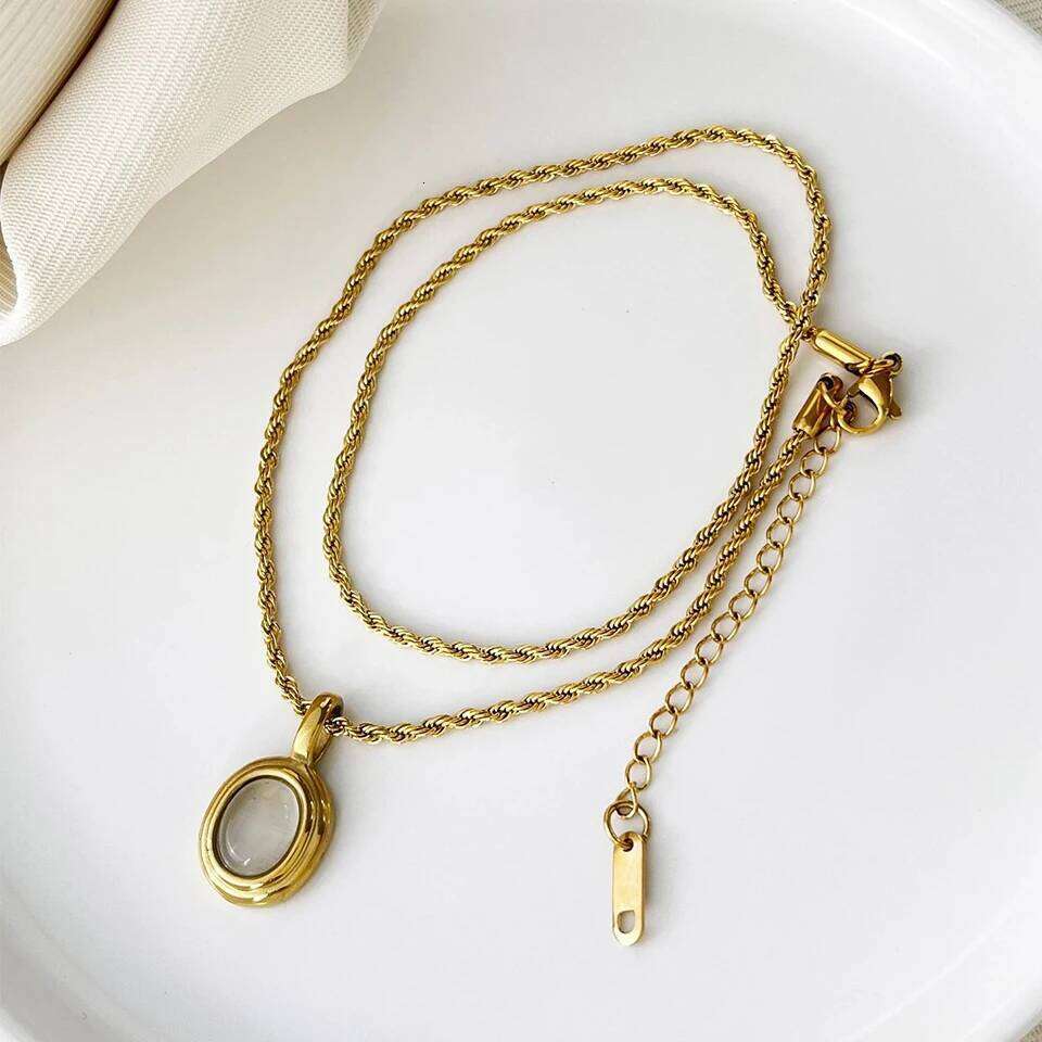 ZAKOL 316L Stainless Steel Oval Black White Stone Pendant Necklace For Women Gold Color Twist Rope Chain Stacking Jewelry