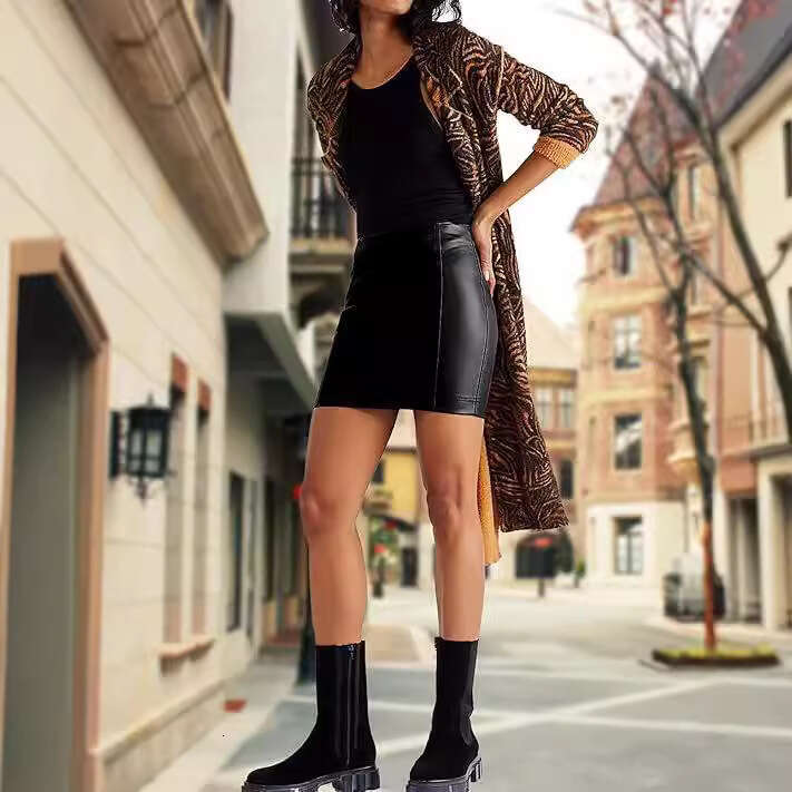 Women's Short Skirt Sexy Hot Girl Leather Waist-Cinching Bodycon Slit Slim Fit black