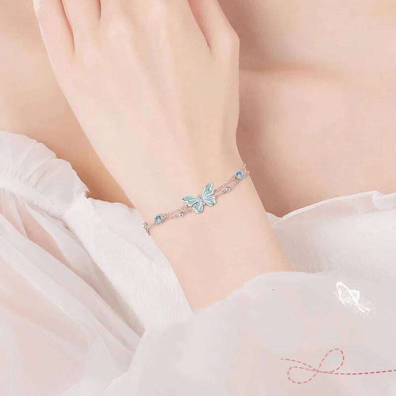 925 Silver Elegant Blue Luminous Double-layer Butterfly Bracelet with Adjustable Size for Women's Birthday Party Gifts 25H1229