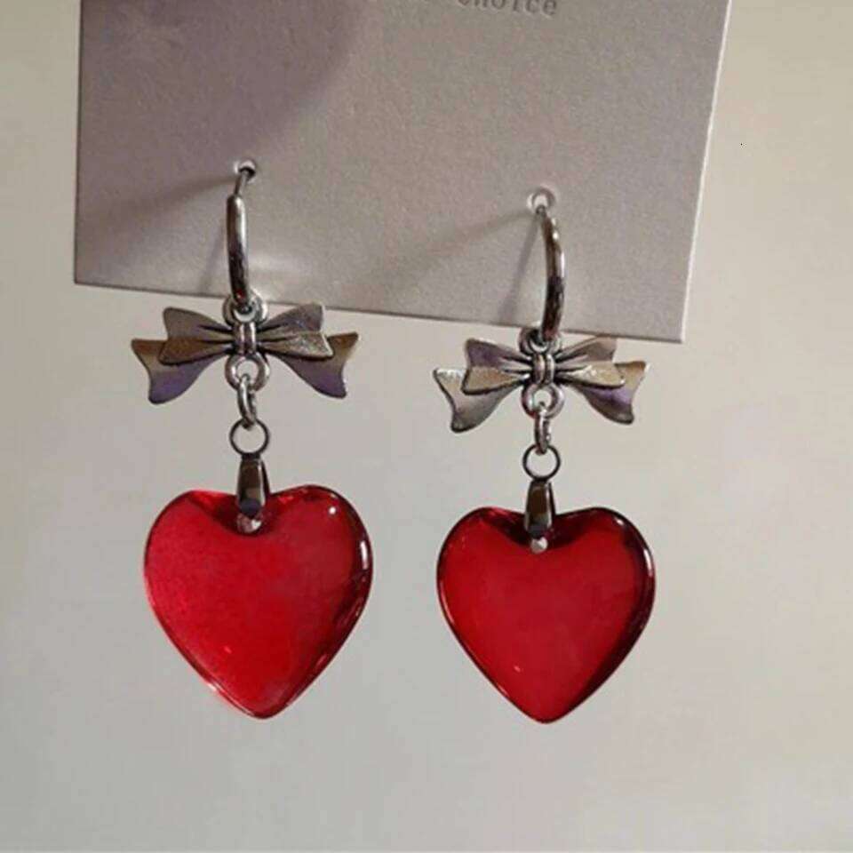 ZAKOL Y2k Sweet Harajuku Red Glass Love Heart Dangle Earrings for Women Hot Girls Korean Fashion Punk Bowknot Ear Accessories
