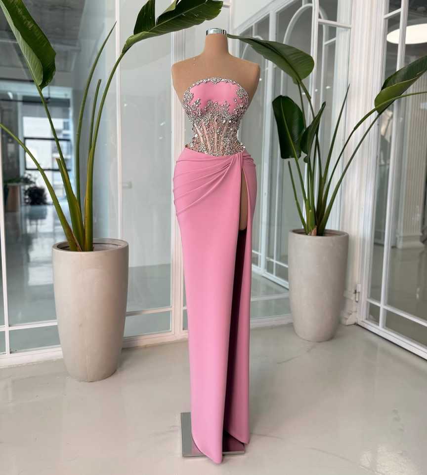 Gorgeous Crystals Evening Dresses Strapless High Slit Mermaid Prom Gowns Floor Length Formal Party Customized