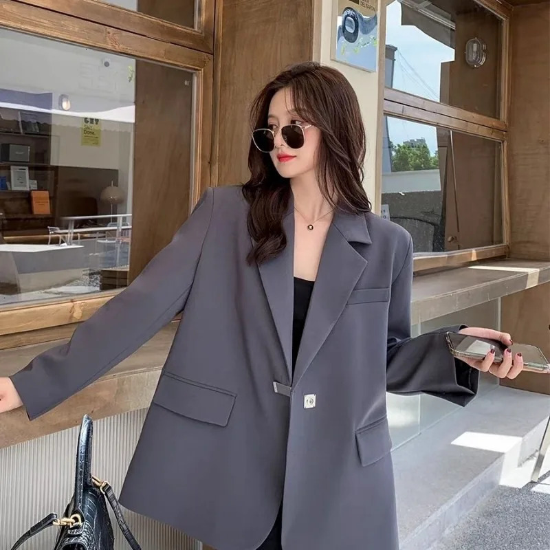 Solid Color Button Lapel Pocket Cardigan Casual Blazer Womens Korean Style Loose Top 251227