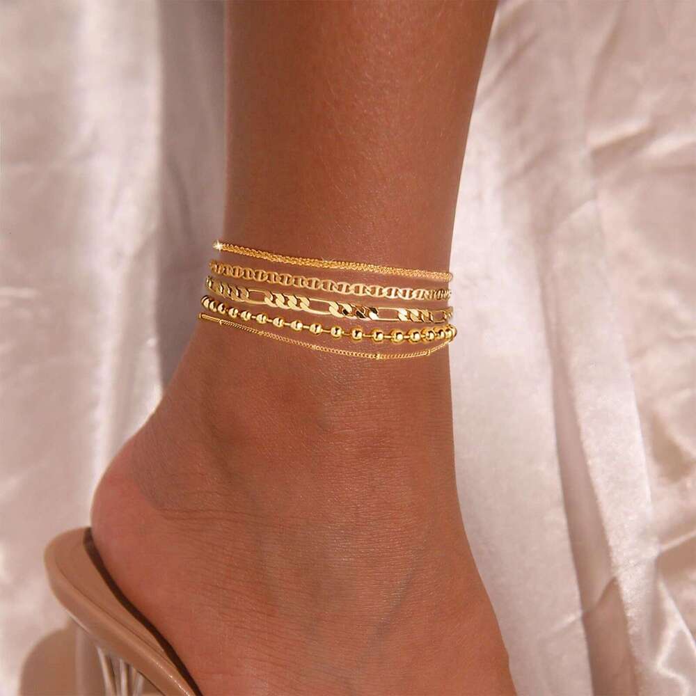 Cross-Border New Waterproof Cuban Tennis Herringbone Beaded Chain Anklet Set Multi-Layer Stacking Package for Women