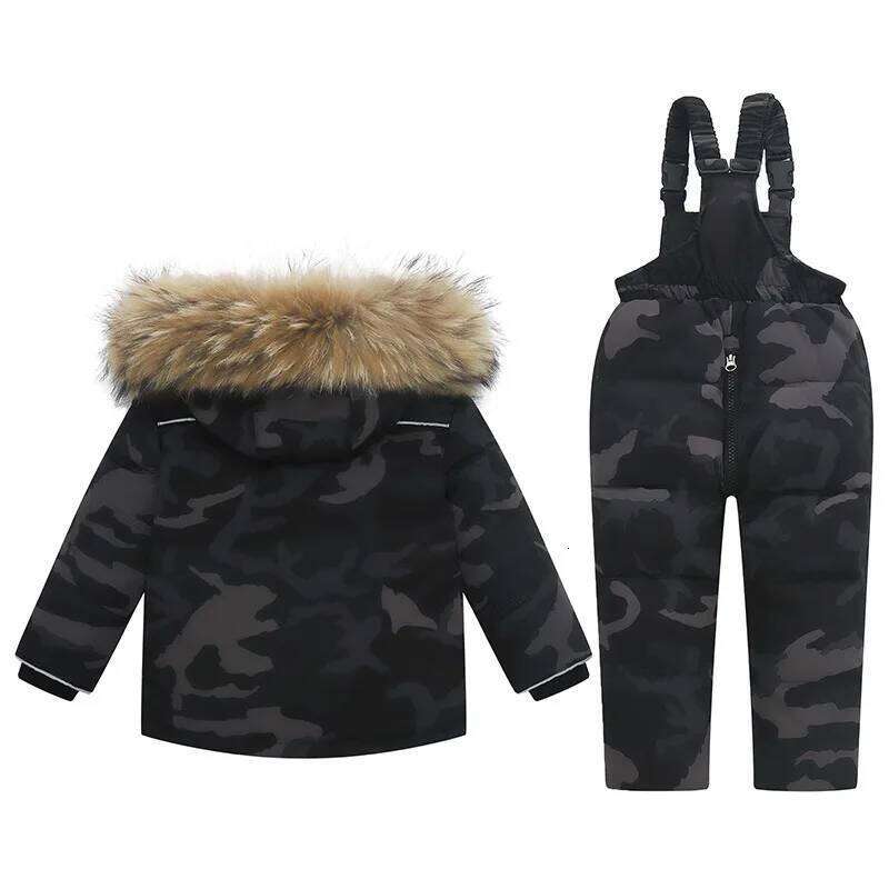 -30 Degree Winter Boys' Camouflage Down Jacket Waterproof Real Fur Girls' Ski Suit 1-5 Years Old Children's Snow Set SPLELED