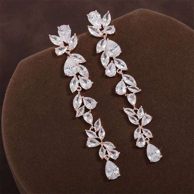 ZAKOL Luxury Leaf Cubic Zirconia Long Earrings For Women Elegant Shiny CZ Bridal Earring Party Wedding Jewelry