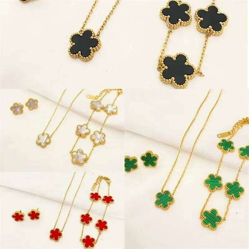 18k Plated Gold Stainless Steel Five Point Star Bracelet Necklace Earrings Double Sided Plum Blossom Chain Party Jewelry Clover 25H1229