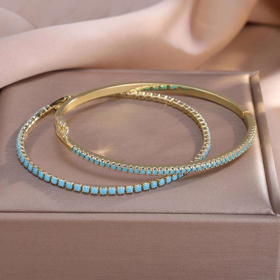 ZAKOL 2Pcs/Set New Turquoise Shiny Zircon Tennis Bracelet Set for Women Fashion Blue Stone Wedding Party Jewelry Accessories