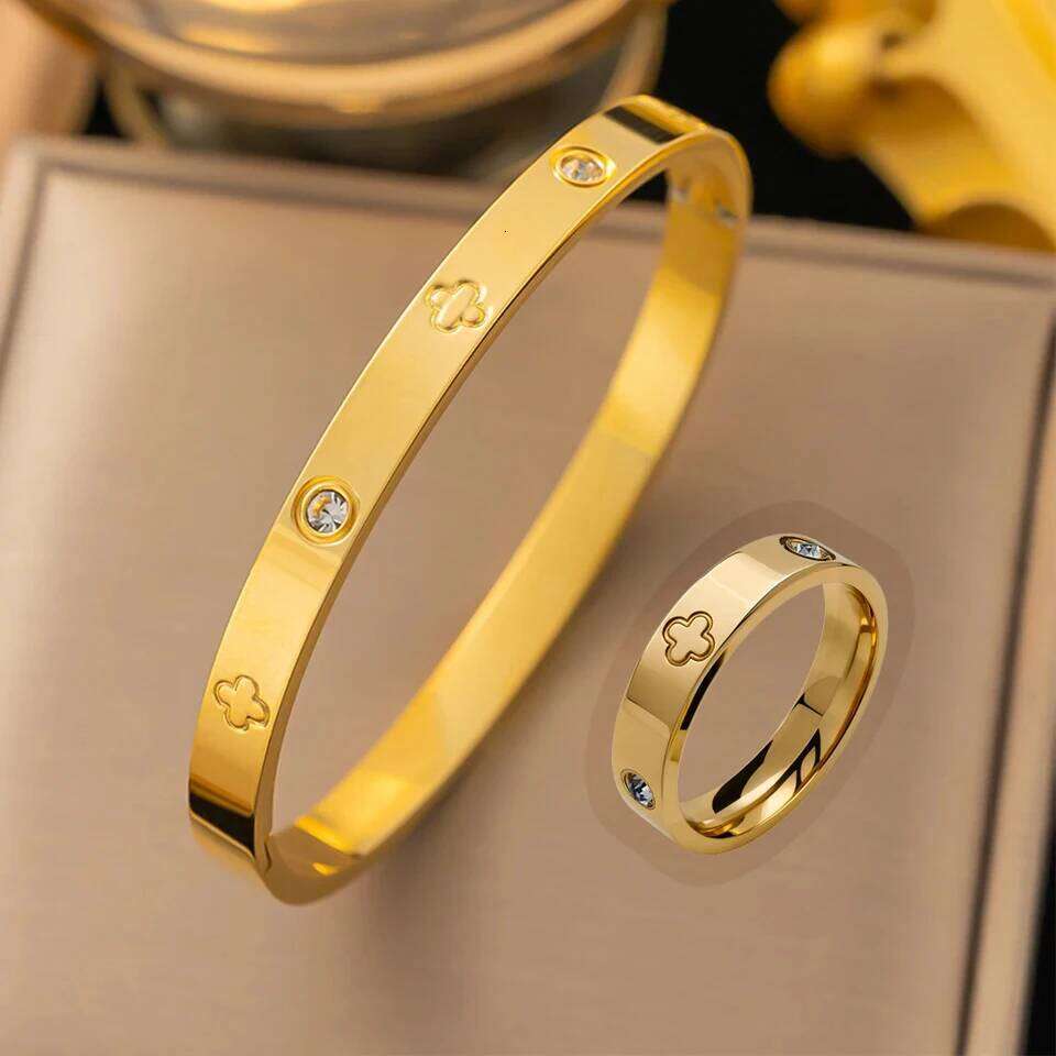 ZAKOL Stainless Steel Zircon Inlaid Nail Bracelet Ring Set for Women Carved Small Flowers Bangles Waterproof Daily Jewelry